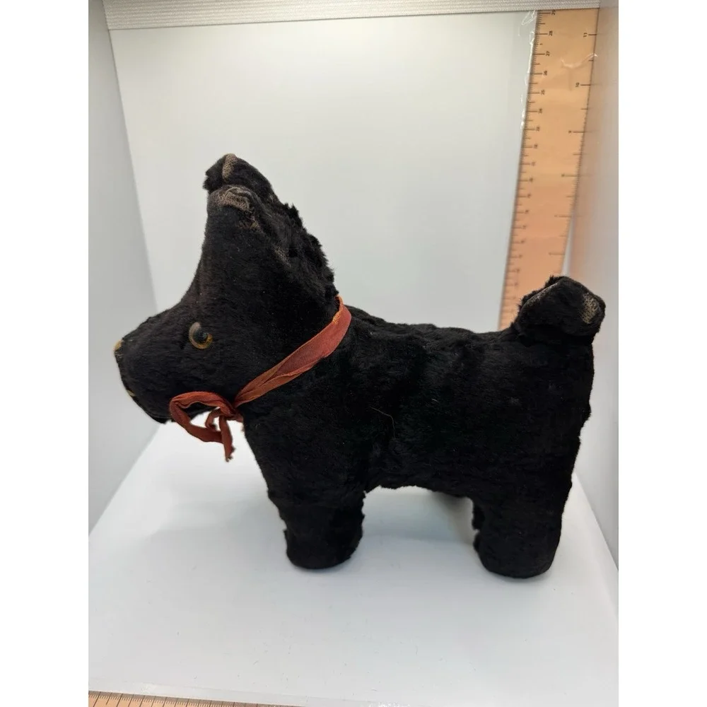 Antique Mohair Scottish Terrier Plush Black Scottie Dog Glass Eyes Vintage 10in